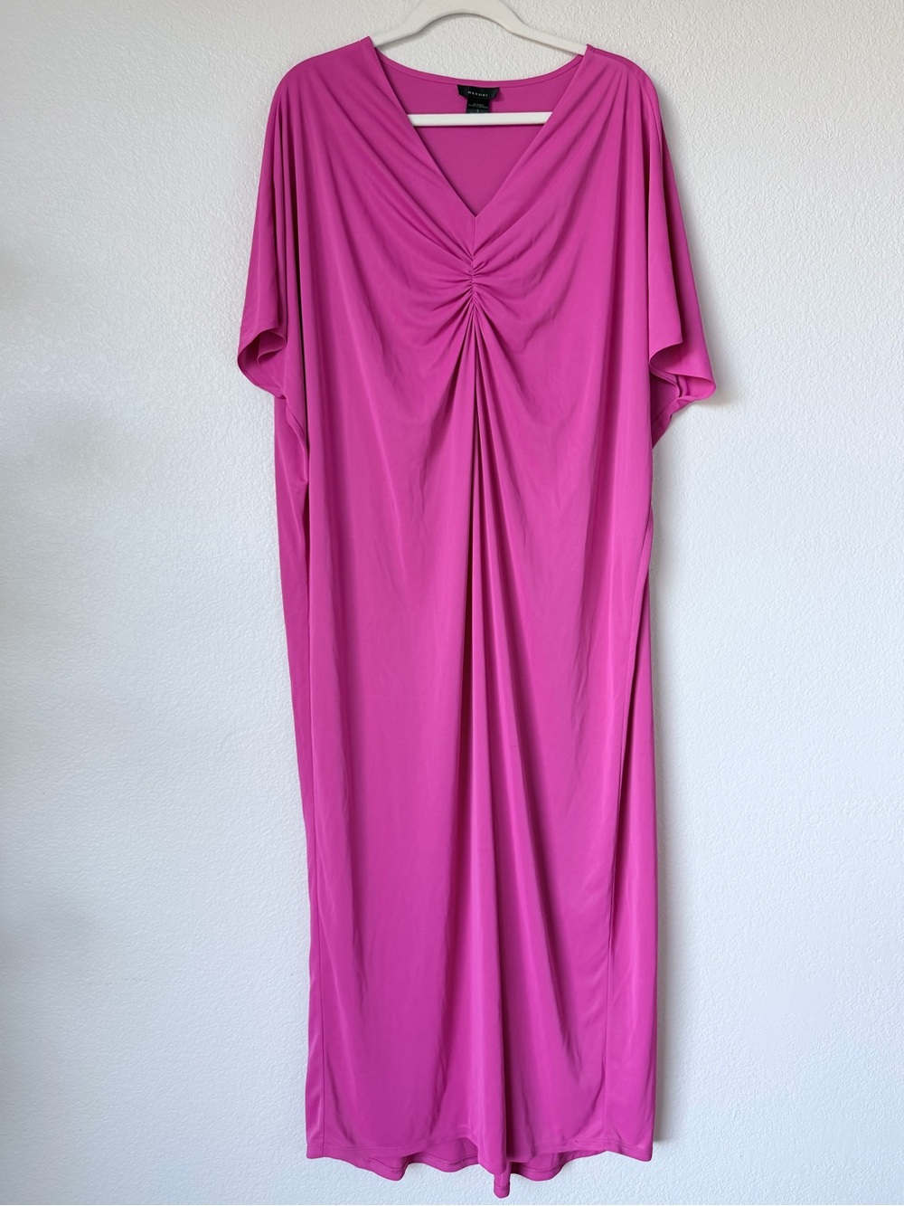 Natori Magenta Pink Caftan Lounge Gown Ruched V Neck Maxi Sleepwear Size S